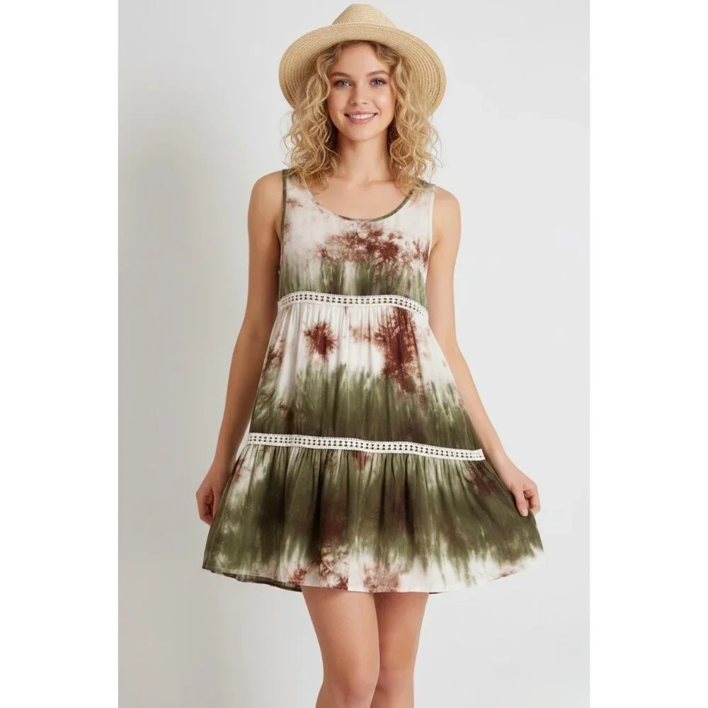 NWT Green Tie-Dyed Tiered Ruffle Hem Mini Slip Dress | Coastal Cowgirl Boho Chic - Picture 1 of 9